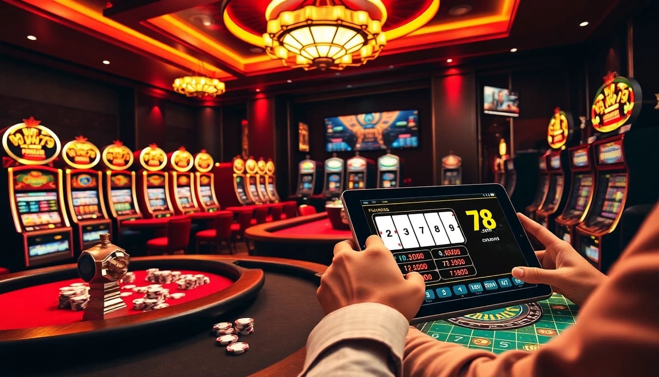 Experience the thrilling atmosphere of win78.com with luxurious casino tables and engaging gameplay visuals.