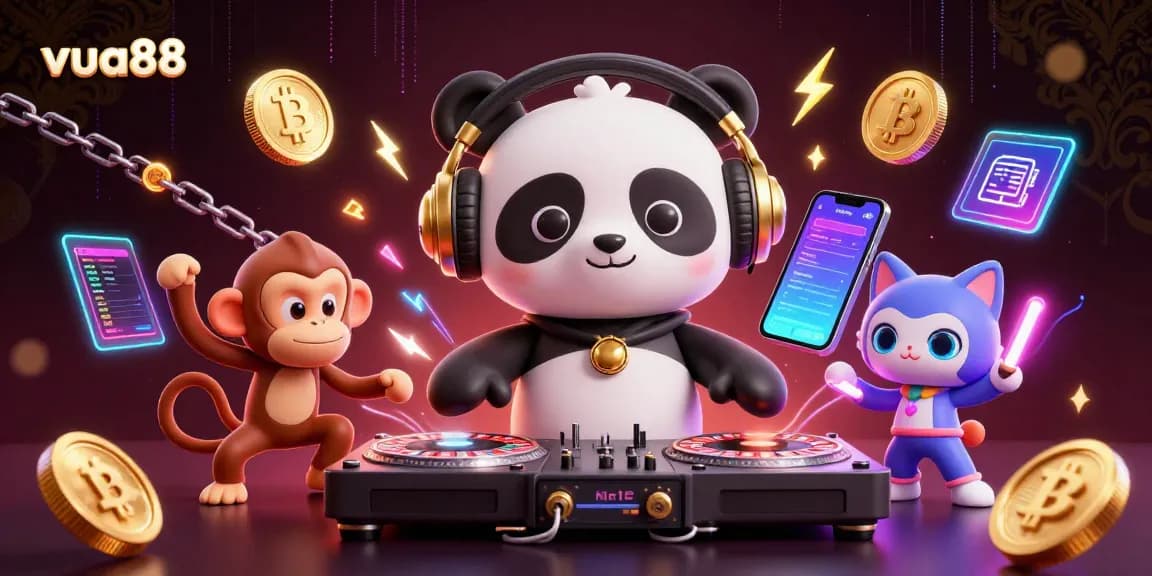 Experience exhilarating gameplay with the vibrant vua88 cartoon scene featuring a DJ panda and crypto elements.