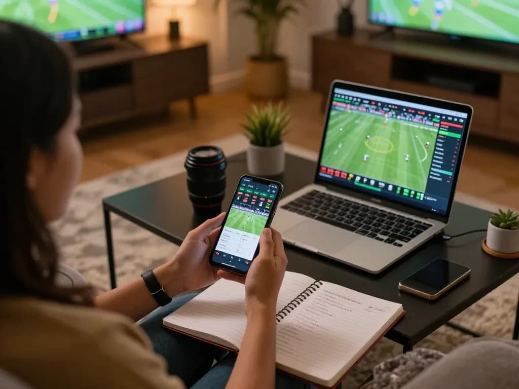 Engaged user actively placing bets on sports at https://ok365.br.com with mobile app in modern home setting