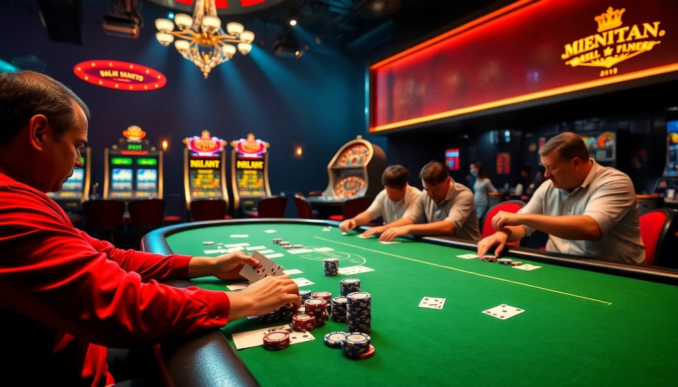 Experience high-stakes poker at https://vn789.xyz/ with a luxury casino setting showcasing intense players and vibrant slot machines.