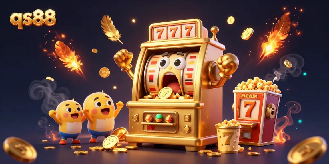 qs88 slot machine hits jackpot, surrounded by cheering baby slots and golden coins.