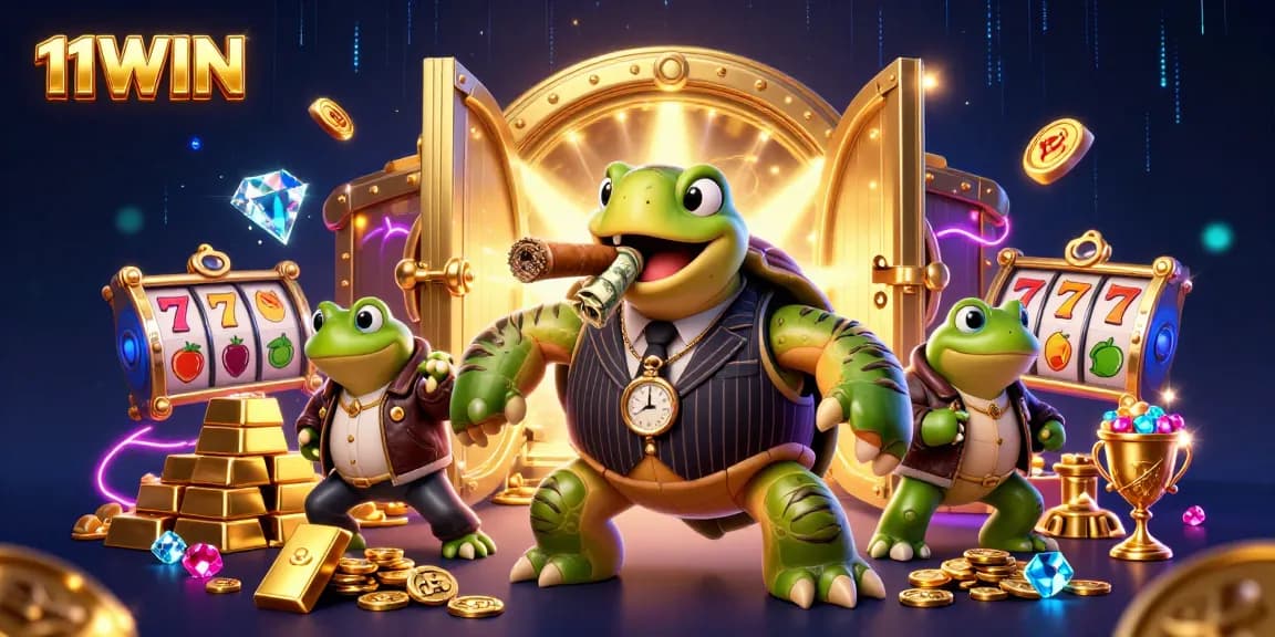 11WIN’s vibrant casino scene showcases a snapping turtle mobster and bullfrog enforcers among slot elements.