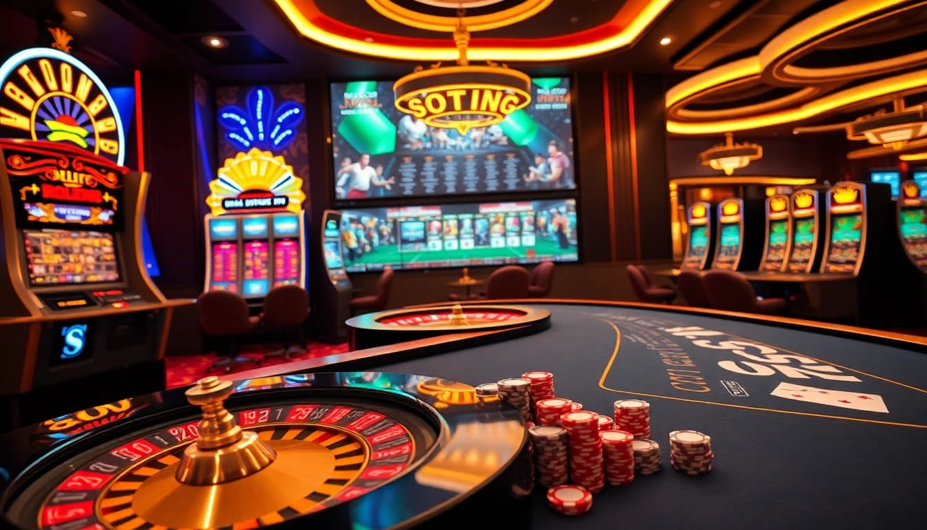 Tỷ lệ bóng đá nhà cái showcased through lively casino scenes featuring roulette and poker tables.