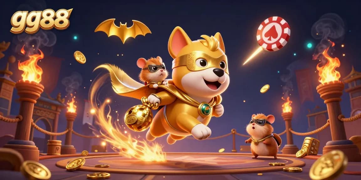 Reveal extraordinary prizes with gg88 while the superhero dog and hamster soar through a captivating casino scene.