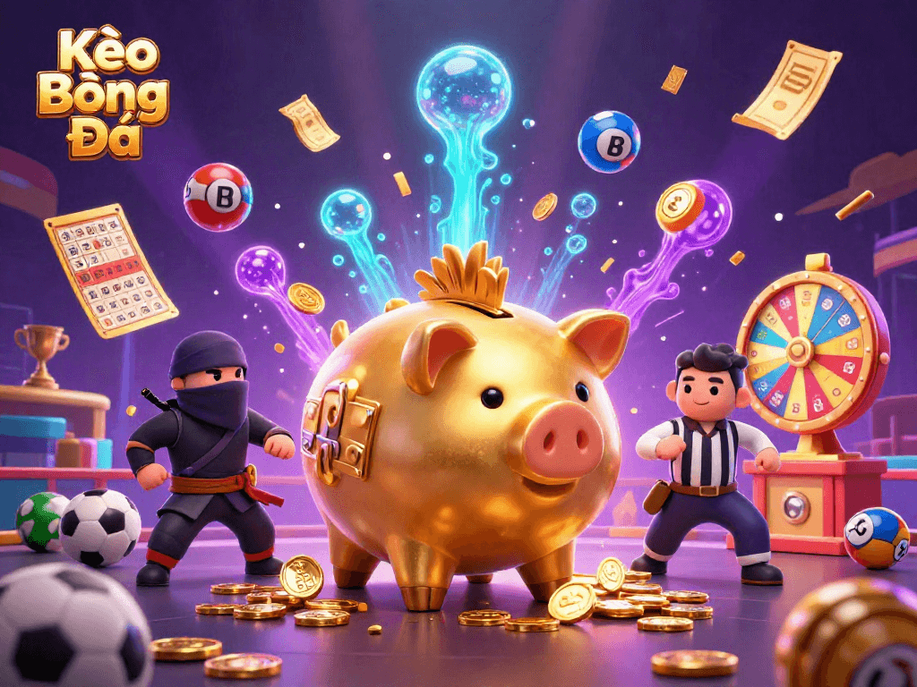 Kèo Bóng Đá sports betting scene featuring a dynamic golden piggy bank sumo wrestler surrounded by vibrant lottery elements.