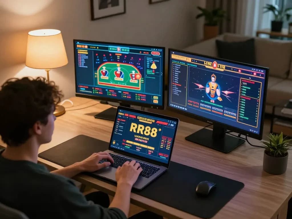 Engaging in online betting on RR88 at a stylish home workstation with a laptop and dynamic games.