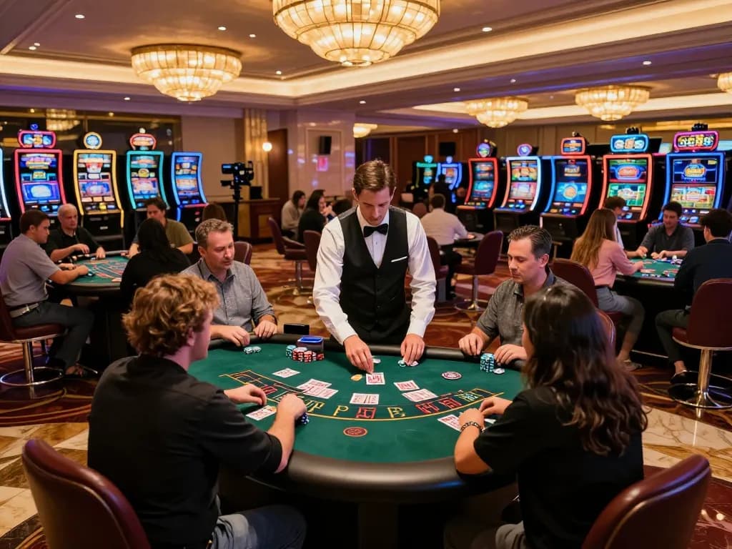 Players engaging in a blackjack game at GG88, showcasing strategic decision-making in an upscale casino environment.