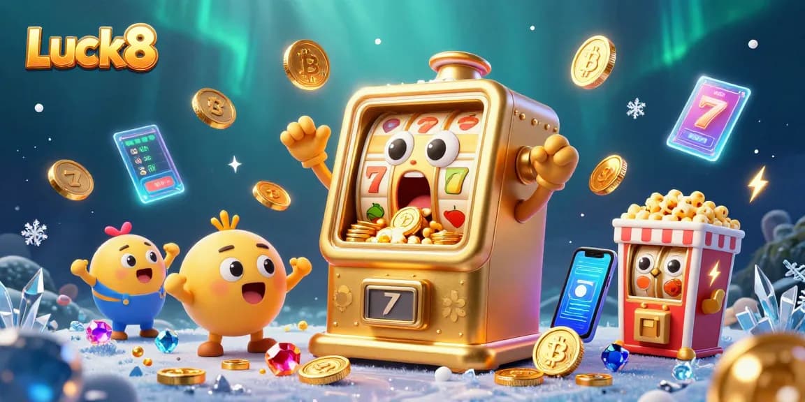 Experience big wins with Luck8 as golden slots hit jackpots amidst vibrant casino elements.