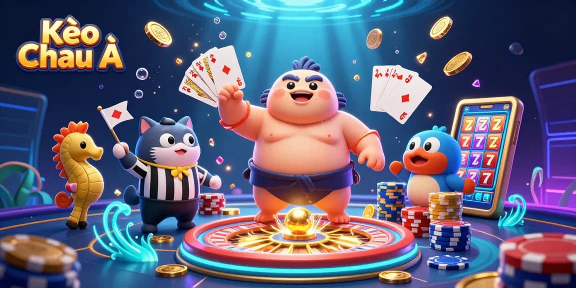 Kèo Châu Á showcases vibrant gambling excitement with playful characters in a dynamic underwater casino scene.