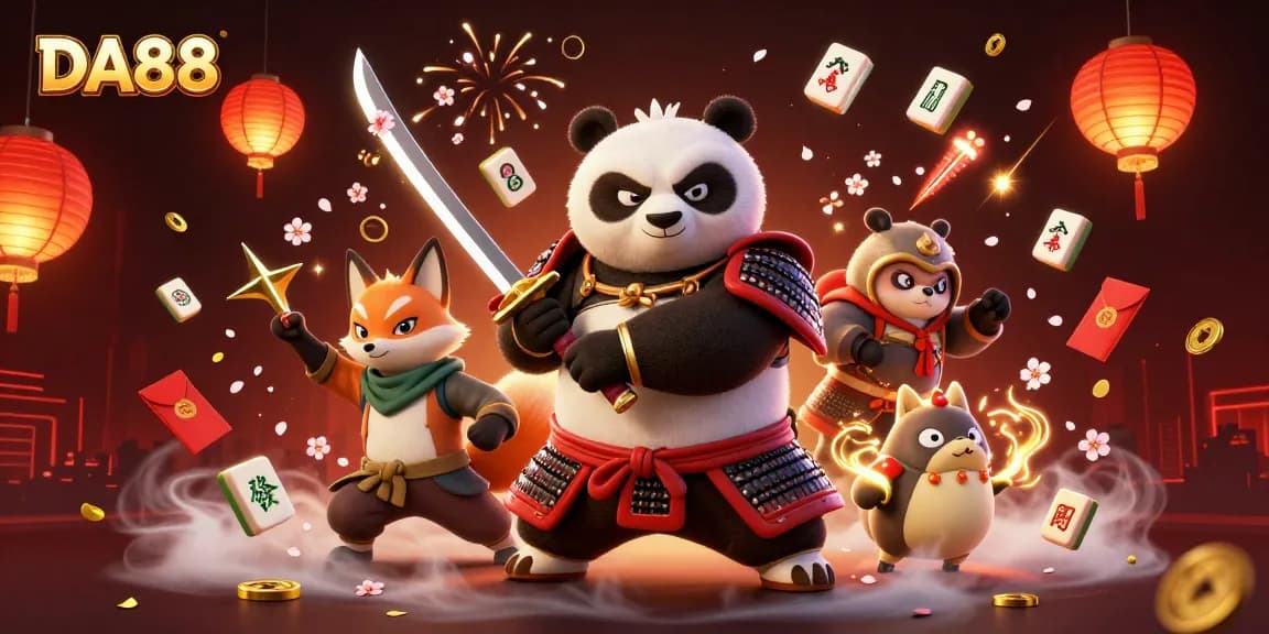 DA88 offers a vibrant casino atmosphere with a samurai panda and ninja fox amid floating mahjong tiles and slot elements.