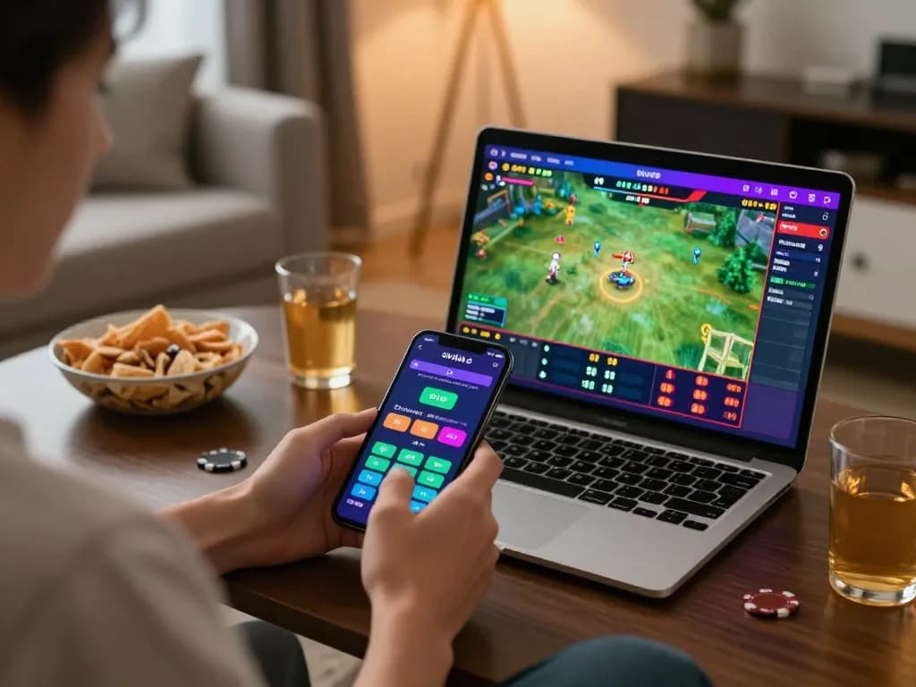 Engaging in GVUI đá gà gameplay on a smartphone with vibrant graphics in a cozy home setting