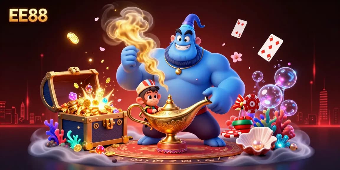 Engage in thrilling casino action with EE88 through a vibrant scene with a genie, monkey, and poker chips.