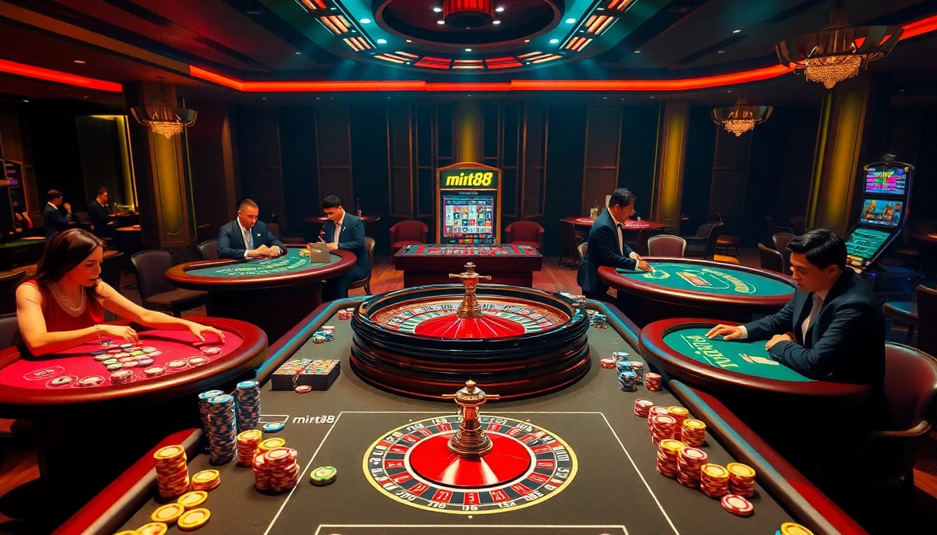 Experience the thrill of gambling with mint88-themed casino tables and vibrant action in a luxurious setting.