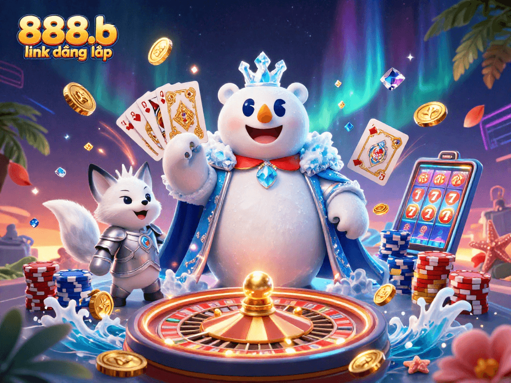 Win big with 888b link đăng nhập in this dynamic 3D digital casino scene featuring exciting gameplay elements.