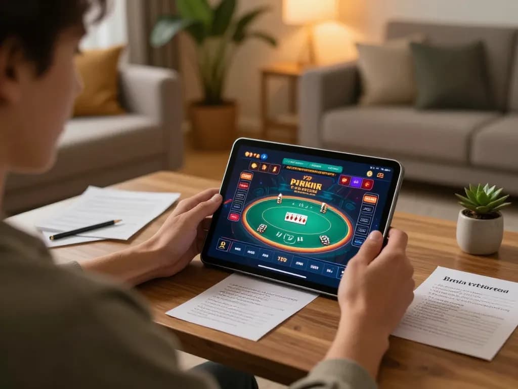 Engaging with fun79 poker game on a tablet in a cozy home setting, focusing on strategic gameplay.