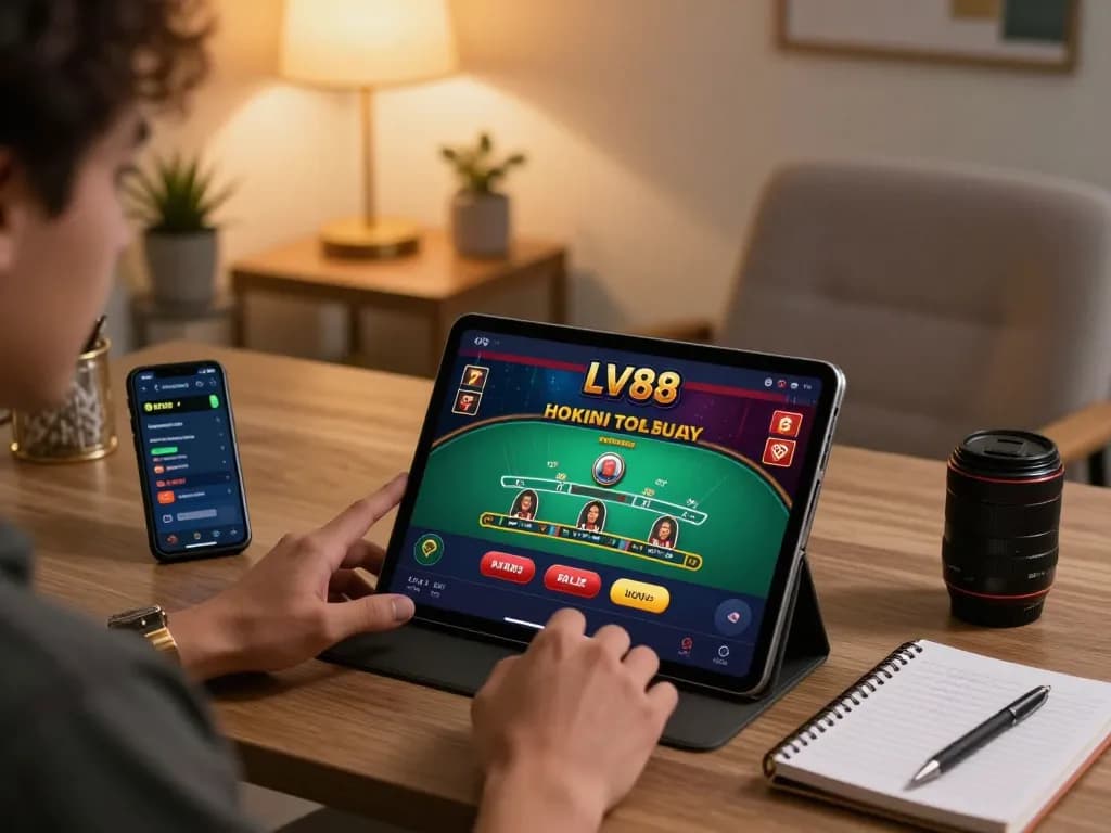 Player engaging with LV88 app displaying live dealer blackjack, cozy home gaming setup.