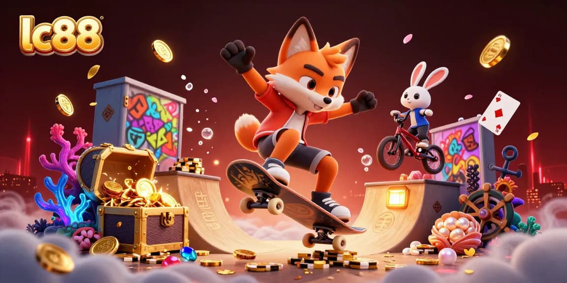 Witness lc88's exciting gaming world with a vibrant 3D illustration of a fox and rabbit in action.