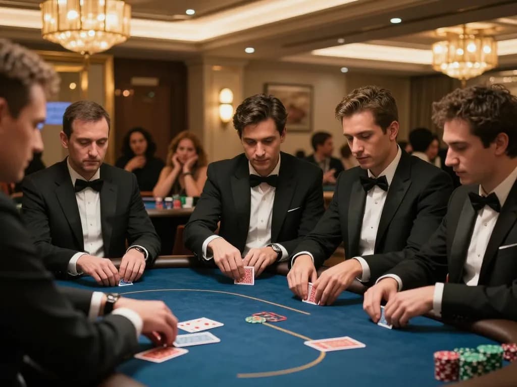 SC88 players focus on strategic poker hands at a luxurious casino table.