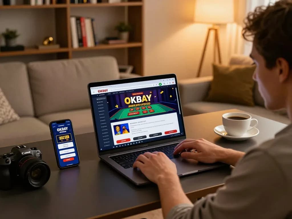 Engaged player navigating the OKBAY casino interface on a laptop, highlighting responsible online gambling.
