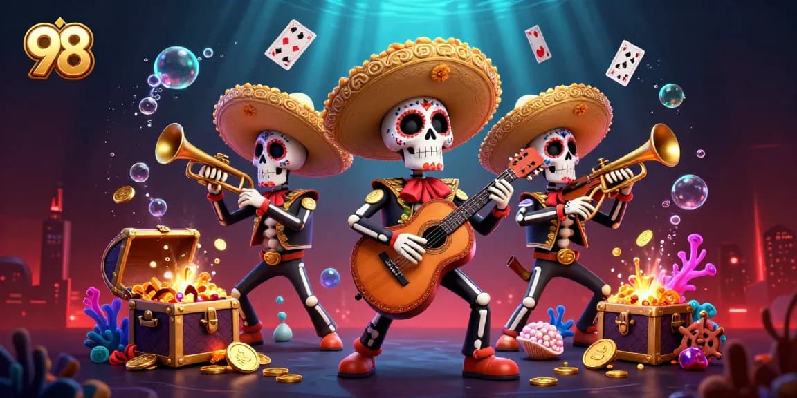 Play engaging games with 98's vibrant mariachi band celebrating big wins amidst gold treasures.