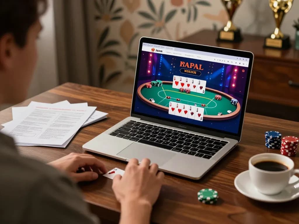 Engaging with u888 online poker on a stylish laptop in a cozy home setting.