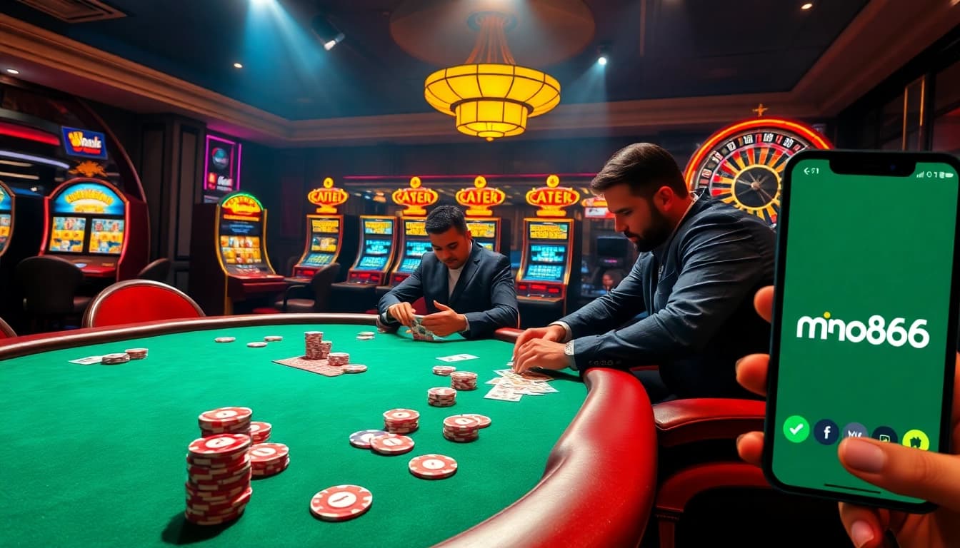 Players engage in a thrilling poker game at a luxury casino while using the cm888 mobi app for betting.