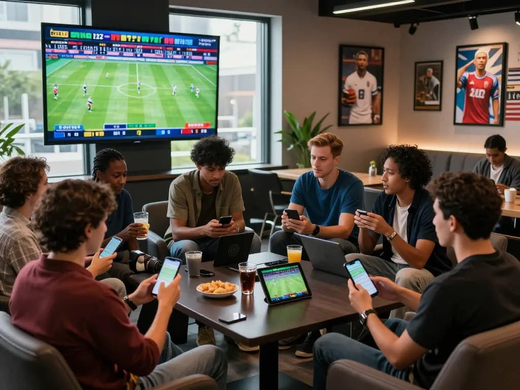 Exciting zbet online sports betting scene with diverse bettors engaging in a lively sports lounge atmosphere.
