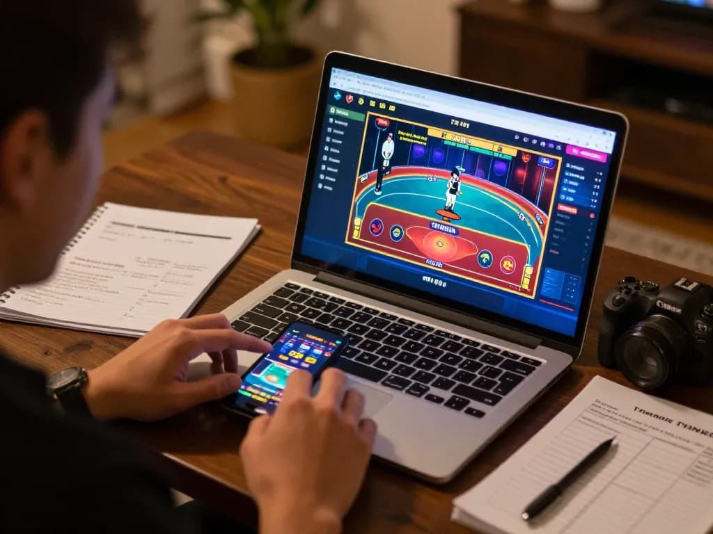TWIN68 online gaming setup with a laptop displaying live dealer game interface and betting strategy notes.