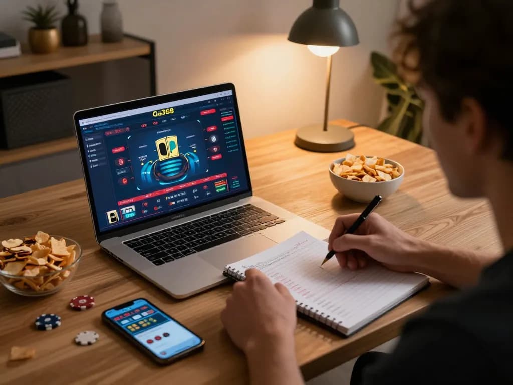 Player engages with Ga368's online gambling interface, showcasing a focused betting strategy in a cozy setup.