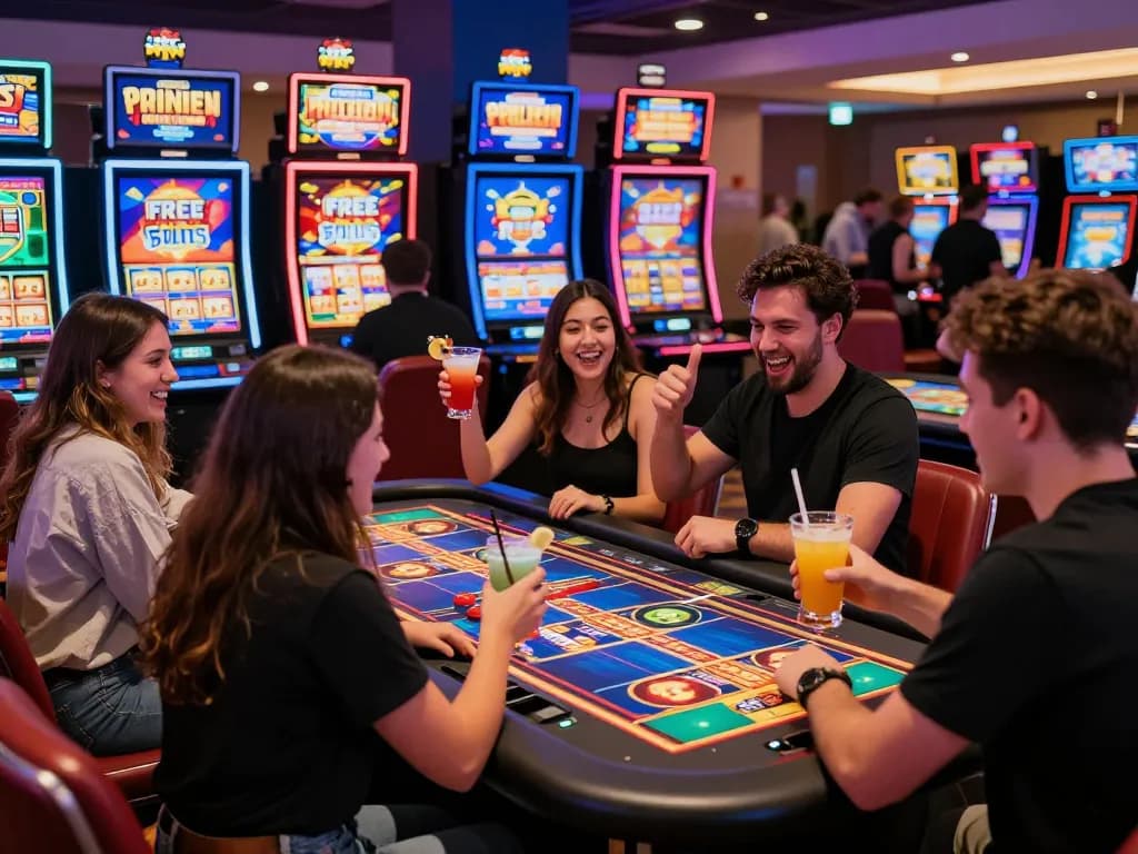 Excited players enjoying free spins Australia at a lively casino.
