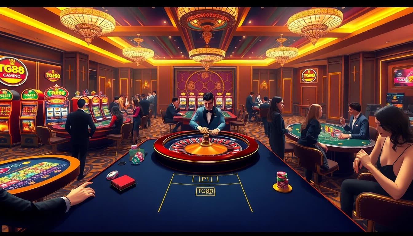 TG88 casino vibrant gaming scene with roulette, slot machines, and enthusiastic players.