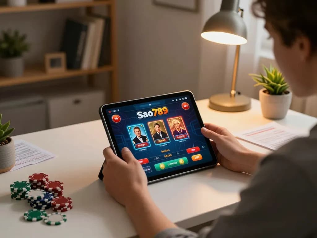 Sao789 online casino gaming setup showcasing vibrant Texas Hold'em visuals on a tablet.