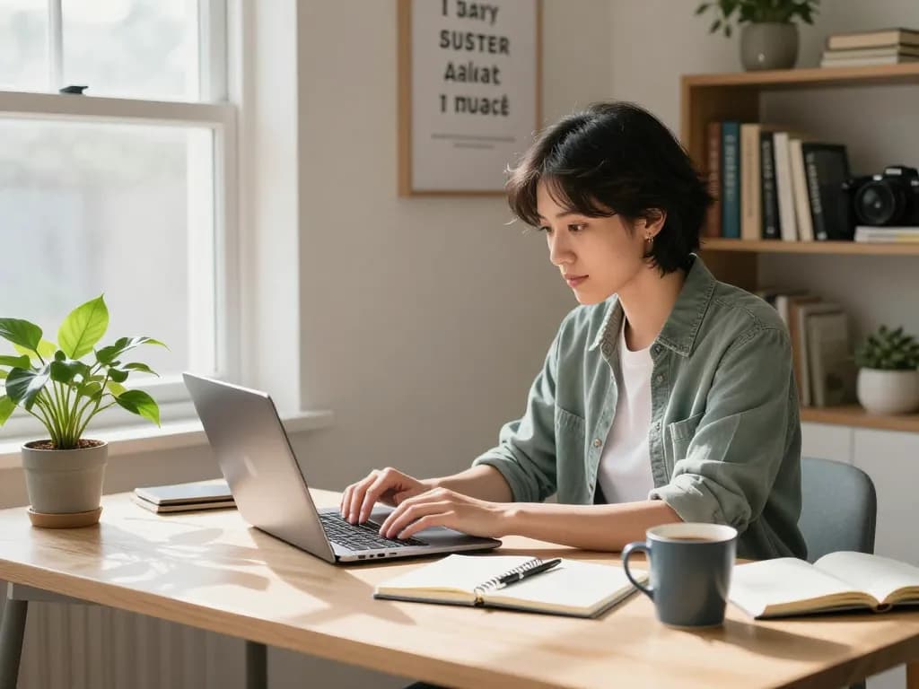 Nebenverdienst von zuhause in a cozy home office setting with a person managing their business on a laptop.