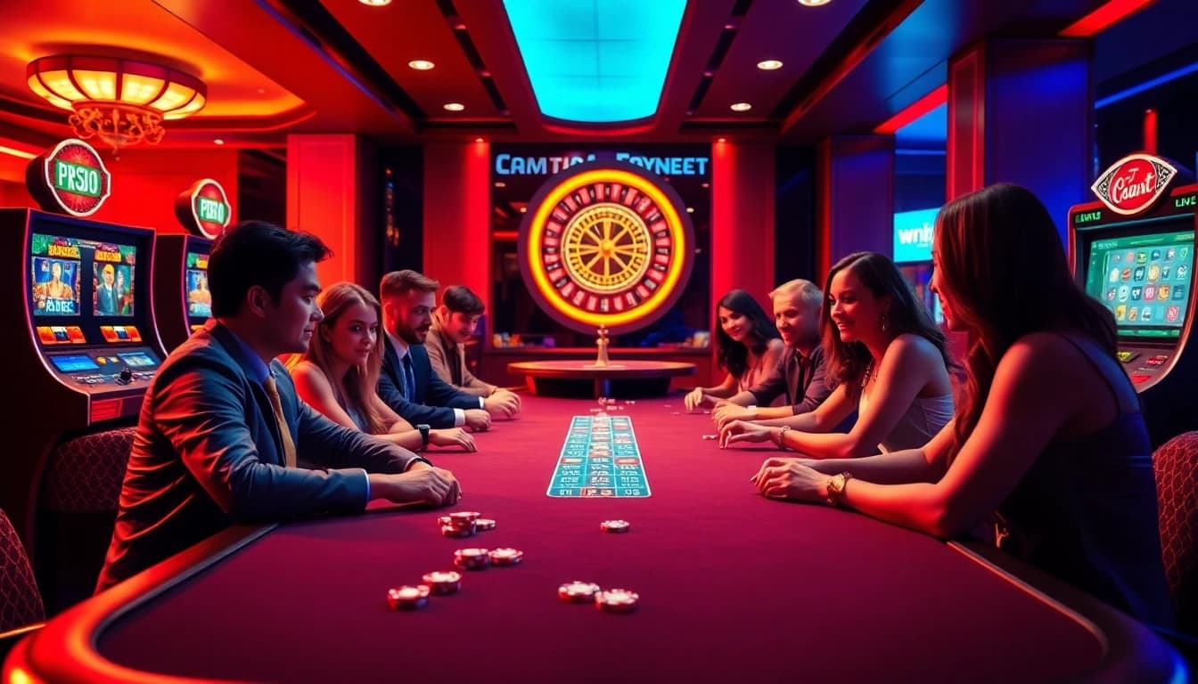 Engaged players enjoying a thrilling game at https://win88.cfd/ casino with vibrant slot machines.