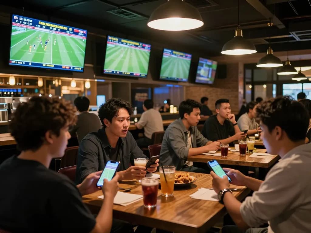 Engaged bettors tracking บ้านผลบอล7m scores while placing strategic live bets in a vibrant sports bar atmosphere