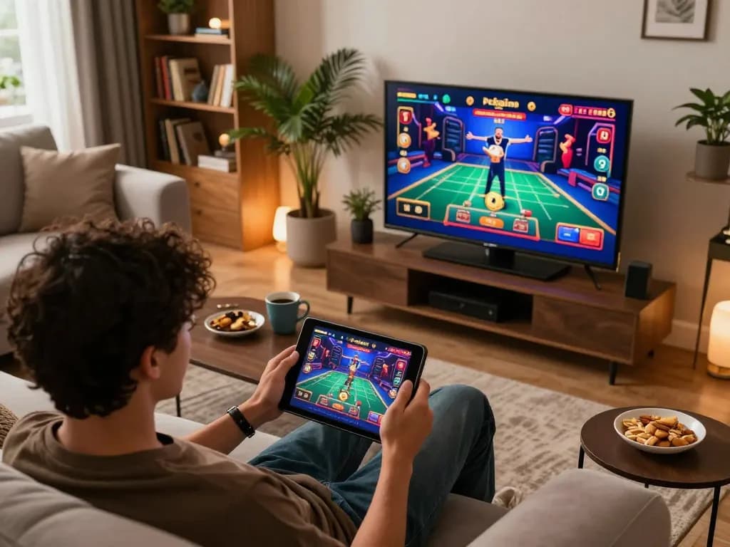 Engaging user playing online casino games at https://mb668.co/ in a cozy, modern living room setting.