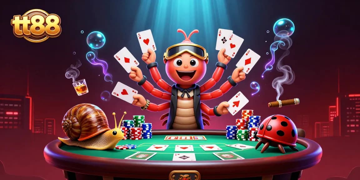 Engage in thrilling poker at tt88 as a cartoon millipede dealer orchestrates an exciting game setup