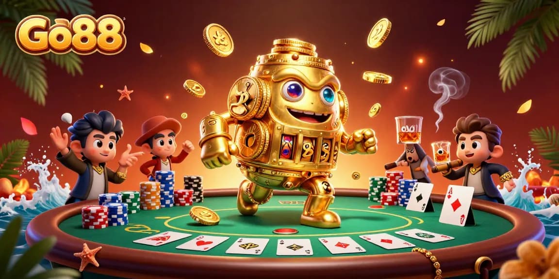 Experience high-stakes gaming with Go88’s vibrant casino atmosphere, showcasing a golden golem amidst poker action.