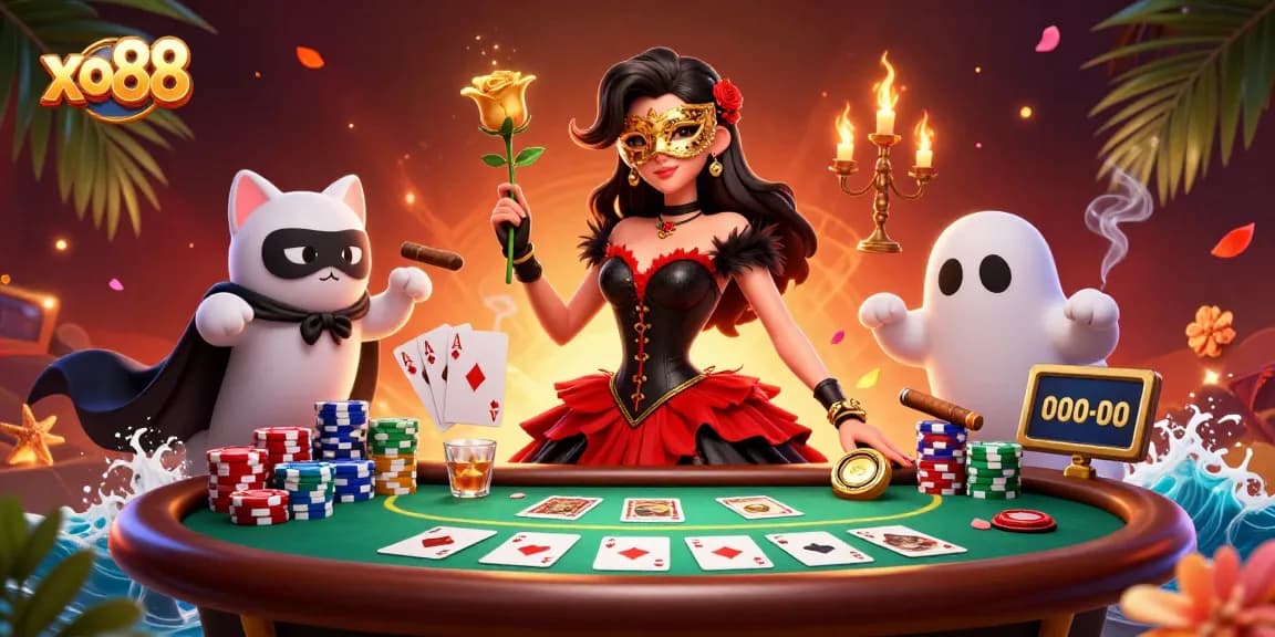 Place bets at xo88 with vibrant casino scene featuring poker elements and dramatic character artwork.