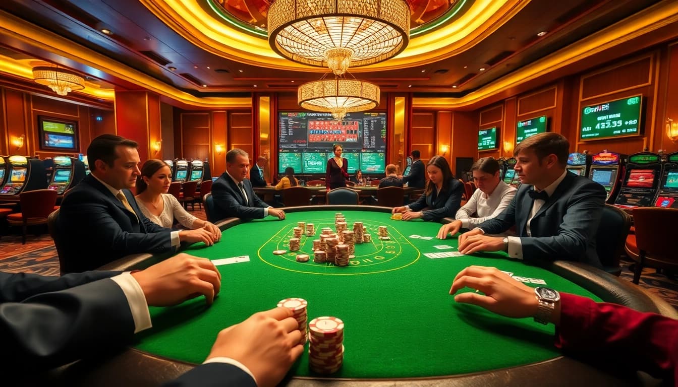 Exciting high-stakes poker game at https://s8mx.com/ casino with vibrant lighting and luxurious atmosphere.