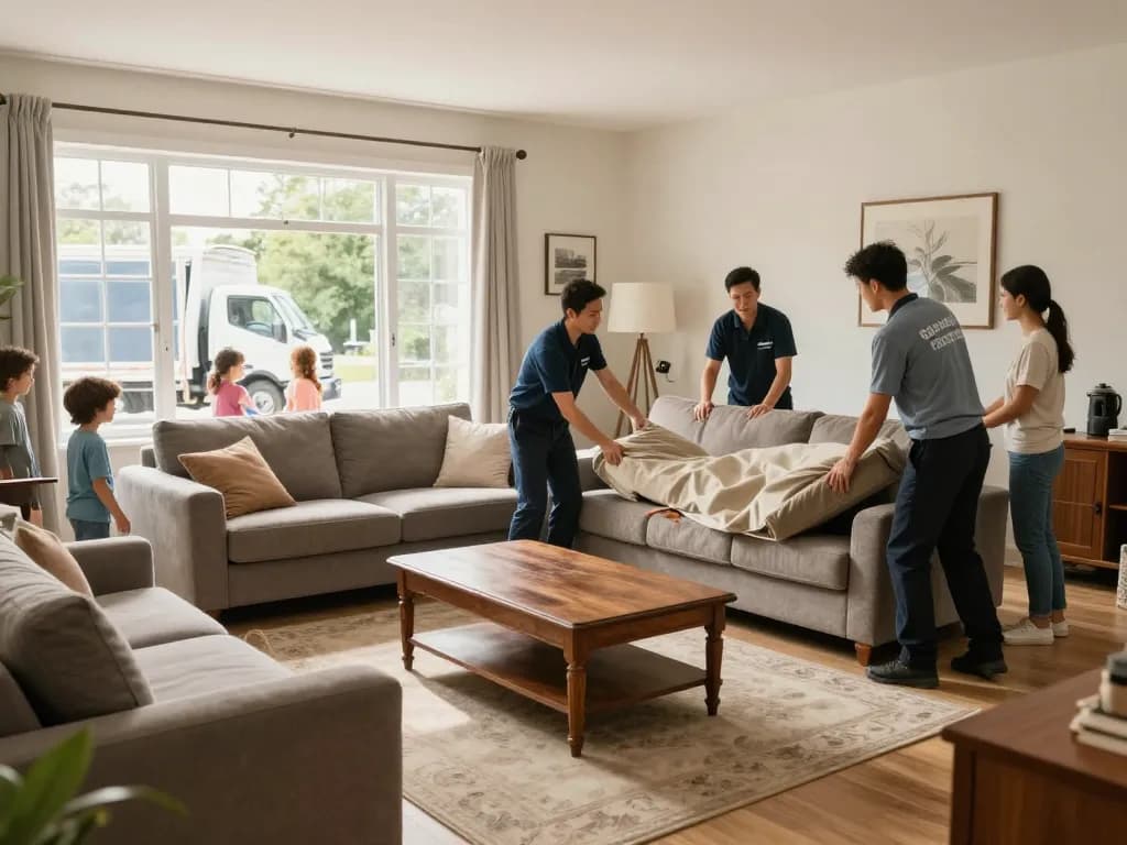 Furniture removal service in action, showcasing a professional team clearing a living room.
