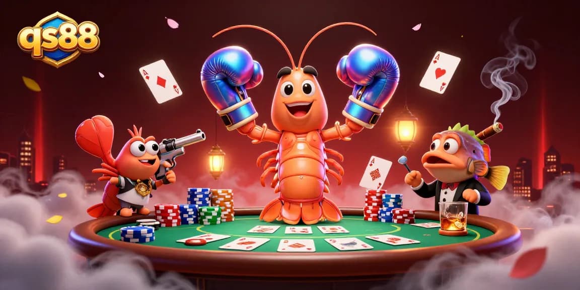 qs88 showcases vibrant and competitive poker action with cartoon shrimp in a dynamic casino illustration