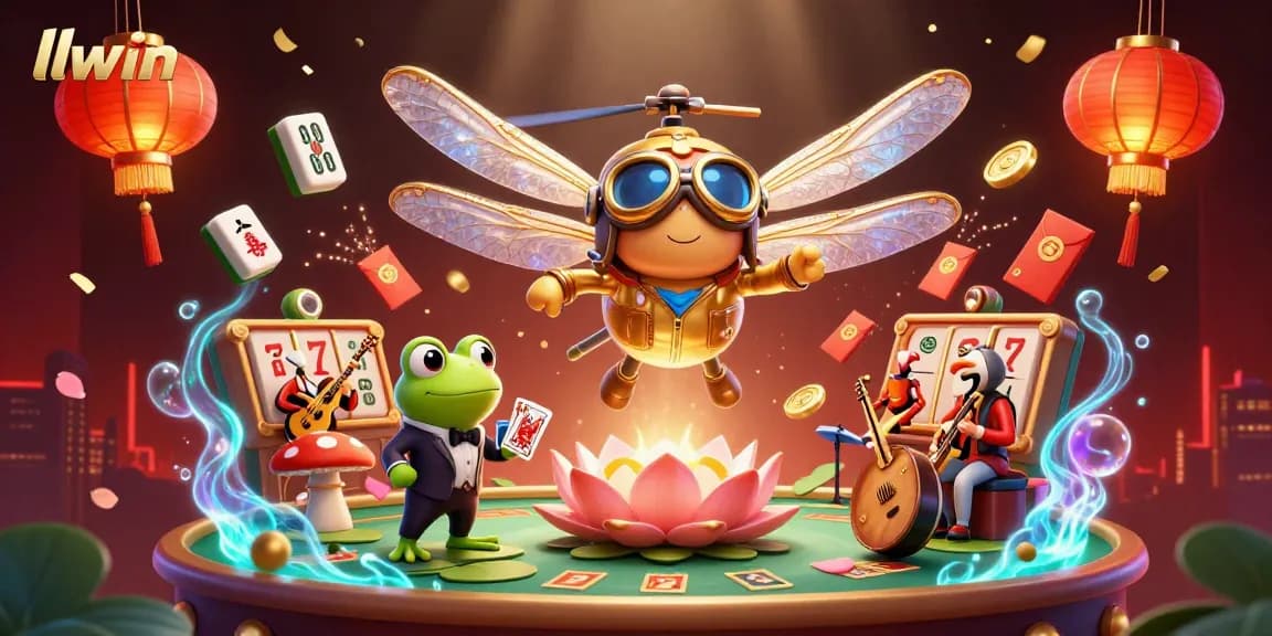 Experience thrilling games at llwin with a vibrant casino scene featuring a dragonfly pilot and frog dealer.
