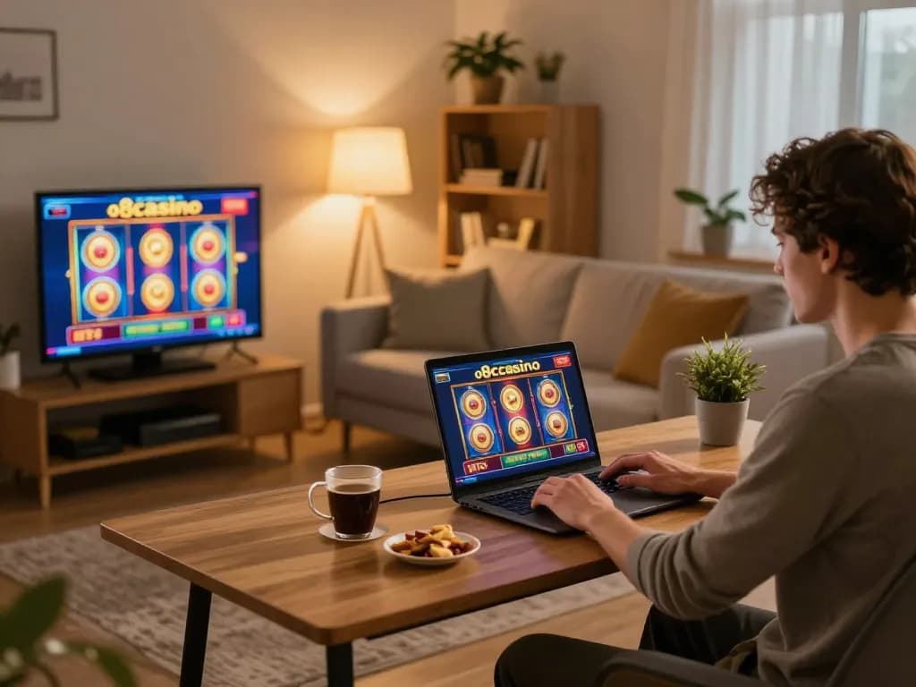 Player enjoying slots on o8casino in a cozy home setup, with vibrant game screen and relaxing ambiance.