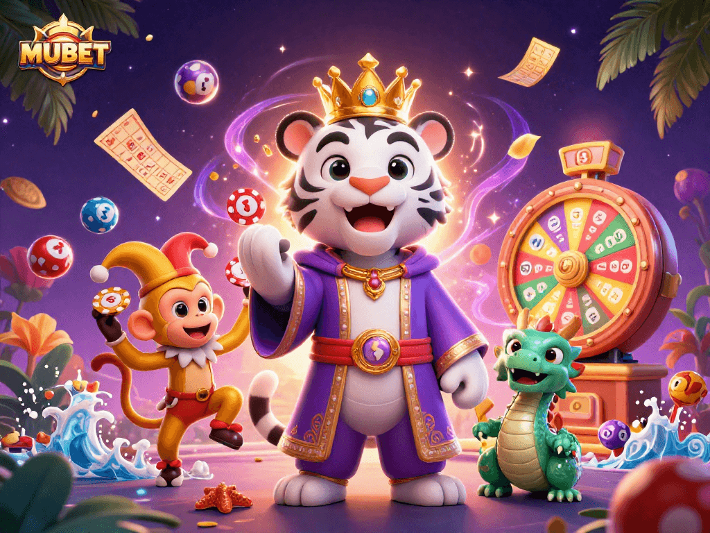 MUBET casino illustration featuring a cartoon white tiger, golden monkey, and jade dragon amidst lively lottery elements.