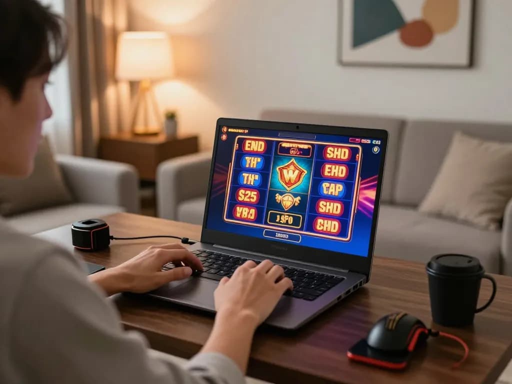 Player enjoying an engaging online slot game on trang chủ ok365 with a stylish home setup.