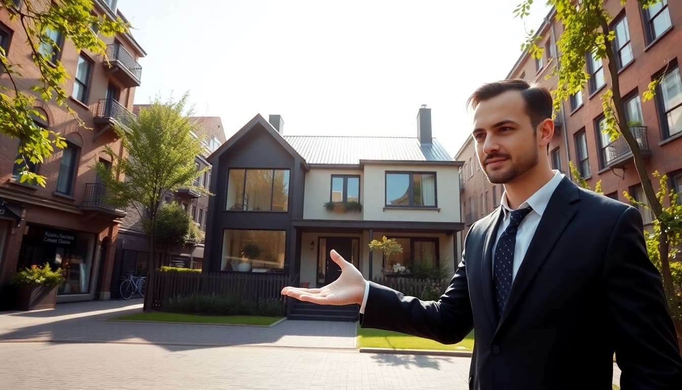 Haus Verkaufen Düsseldorf, Immobilienmakler präsentiert moderne Immobilie umgeben von lebendiger Stadtlandschaft.