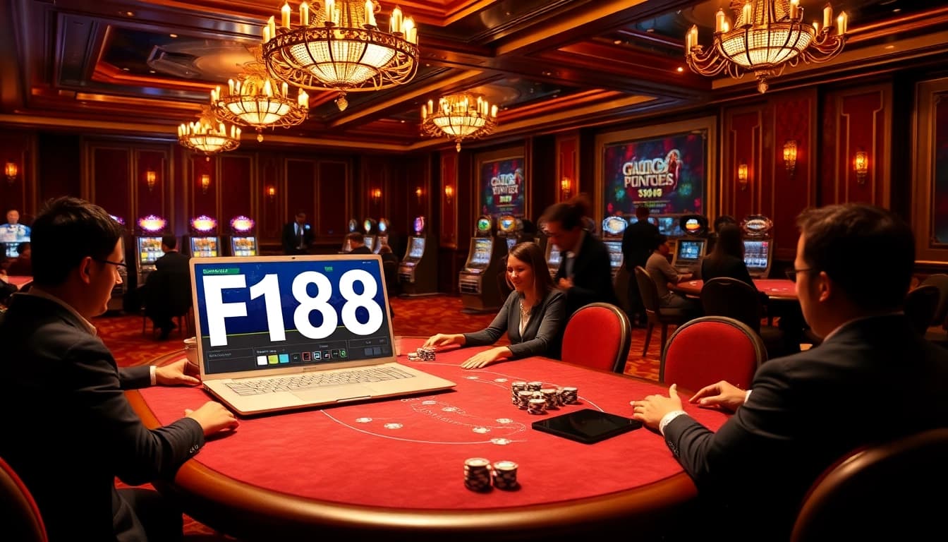 Experience thrilling gaming experiences at F168's modern casino environment featuring poker and slot machines.
