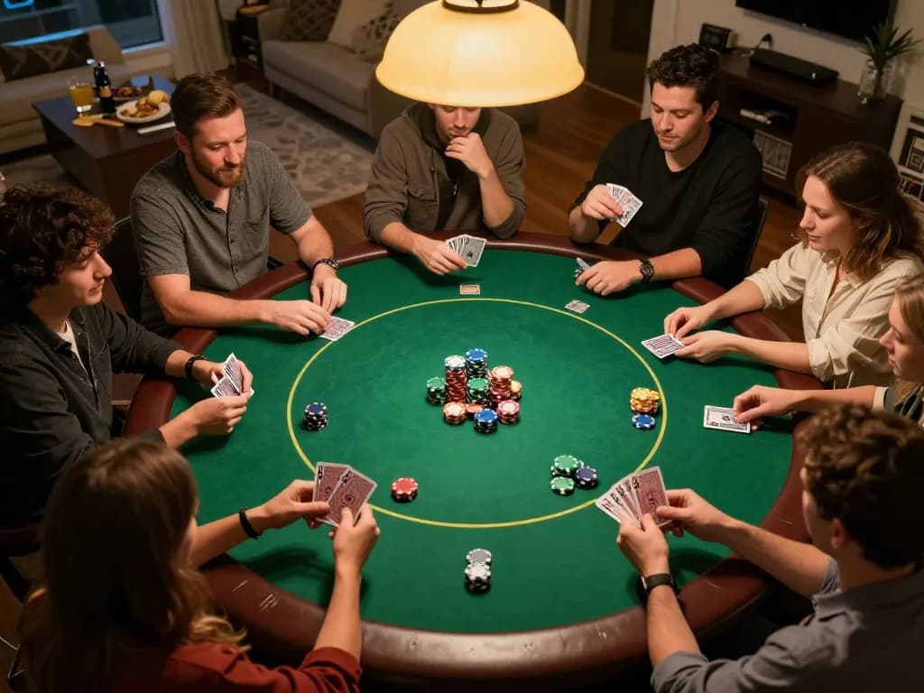 Players enjoying a home poker night with excitement, chips and cards representing nhà cái C168.