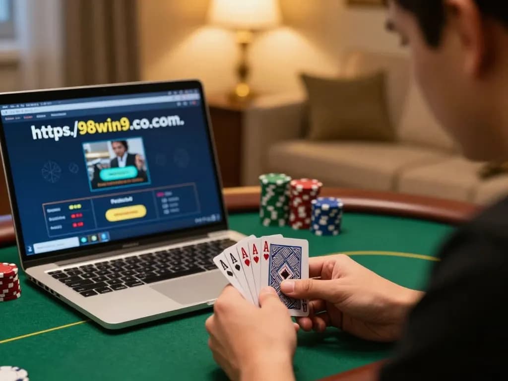 Online poker gameplay showcasing https://98win9.co.com/ interface with player focused on cards.